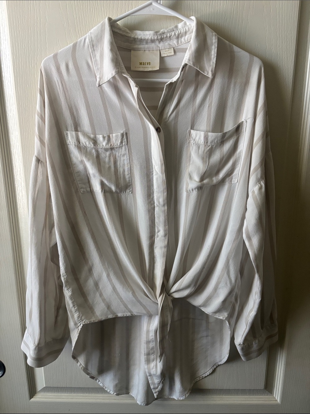 Maeve Cream & White Striped Tie-Front Button Down